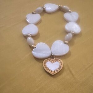Gold-Accented White Heart Charm Bracelet